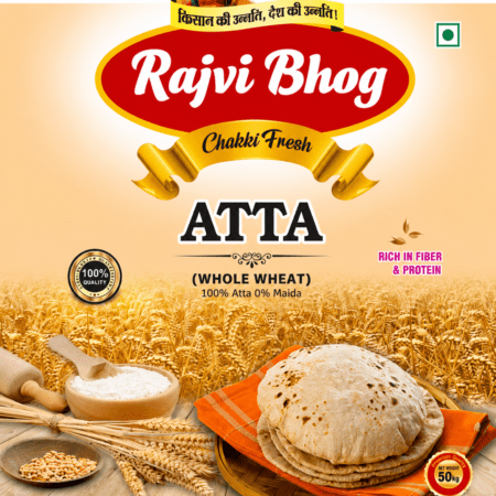 Rajvi Bhog Whole Wheat Flour Atta 50 kg bag for B2B buyers with irradiation technology