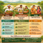 Difference between FPO, Cooperative and SHG in India showing comparison of structure, purpose, and benefits for farmers