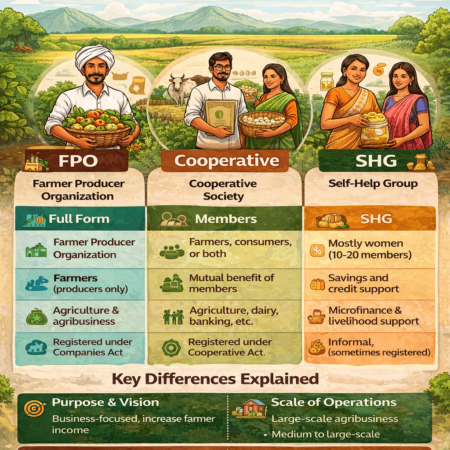 Difference between FPO, Cooperative and SHG in India showing comparison of structure, purpose, and benefits for farmers