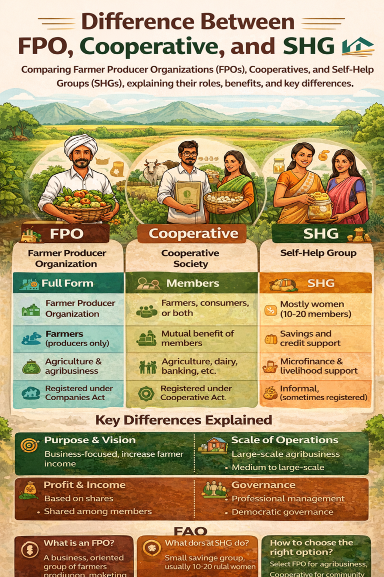 Difference between FPO, Cooperative and SHG in India showing comparison of structure, purpose, and benefits for farmers