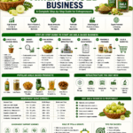 How to start an amla-based business infographic showing processing, packaging, juice manufacturing, exports, branding, and FPO-led entrepreneurship.