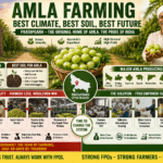 Farmer standing in a lush amla orchard in Pratapgarh, Uttar Pradesh, highlighting ideal climate and soil conditions for amla farming while showing the role of FPOs in protecting farmers from middlemen exploitation.