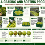Amla grading and sorting process infographic showing washing, grading lines, sorting systems, pack houses, cold storage, and FPO-led infrastructure.