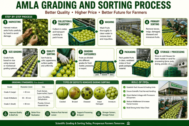 Amla grading and sorting process infographic showing washing, grading lines, sorting systems, pack houses, cold storage, and FPO-led infrastructure.