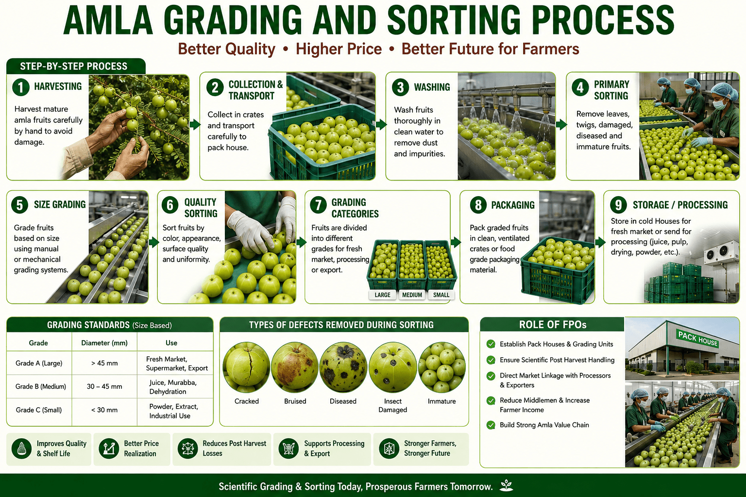 Amla grading and sorting process infographic showing washing, grading lines, sorting systems, pack houses, cold storage, and FPO-led infrastructure.