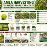 Infographic explaining amla harvesting techniques and best practices including maturity indicators, harvesting methods, grading, storage, post-harvest management, and the role of FPOs in improving farmer profits.