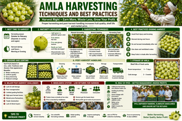 Infographic explaining amla harvesting techniques and best practices including maturity indicators, harvesting methods, grading, storage, post-harvest management, and the role of FPOs in improving farmer profits.