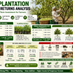 Amla plantation cost and returns analysis in India infographic showing orchard investment, irrigation, production cost, profitability, and farmer income