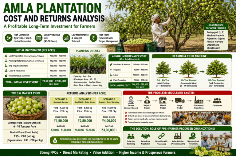 Amla plantation cost and returns analysis in India infographic showing orchard investment, irrigation, production cost, profitability, and farmer income