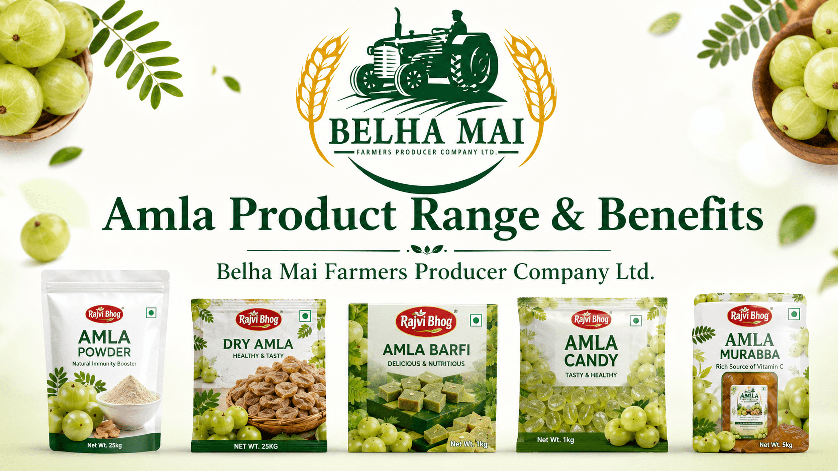 Amla Product Range and Benefits by Belha Mai Farmers Producer Company Ltd featuring Rajvi Bhog amla powder, dry amla, amla barfi, amla candy and amla murabba