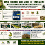 Amla storage and shelf life management infographic showing cold storage, dehydration units, grading systems, and FPO-led infrastructure development in Pratapgarh.