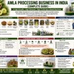 Amla processing business in India collage infographic showing processing machinery, cold storage, dehydration units, and FPO-led value addition infrastructure