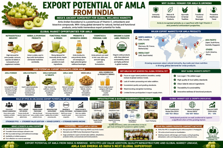 Export potential of amla from India collage infographic showing nutraceuticals, wellness products, probiotics, global demand, and export opportunities.