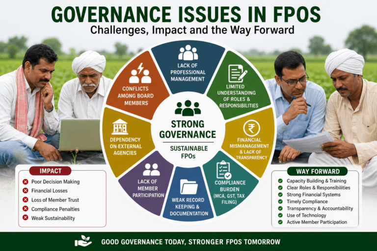 “Governance issues in FPOs in India including poor management, financial mismanagement, compliance burden and solutions for sustainable farmer producer organizations”