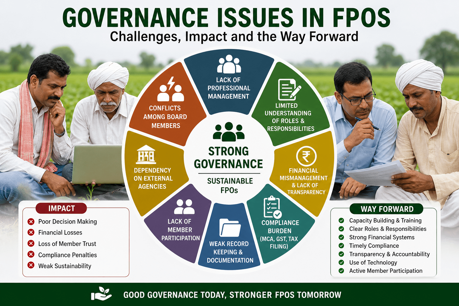“Governance issues in FPOs in India including poor management, financial mismanagement, compliance burden and solutions for sustainable farmer producer organizations”