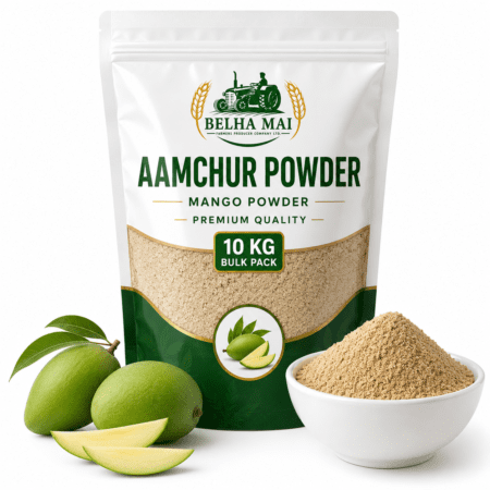Rajvi Bhog Premium Aamchur Powder 10 kg bulk pouch with raw mangoes and mango powder