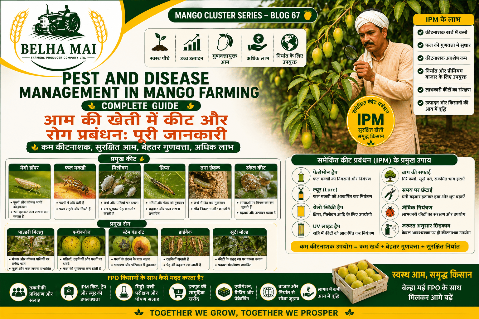 Pest and disease management in mango farming with IPM traps and farmer inspection