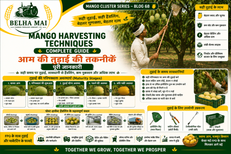 Mango harvesting techniques with farmers picking mangoes safely in orchard