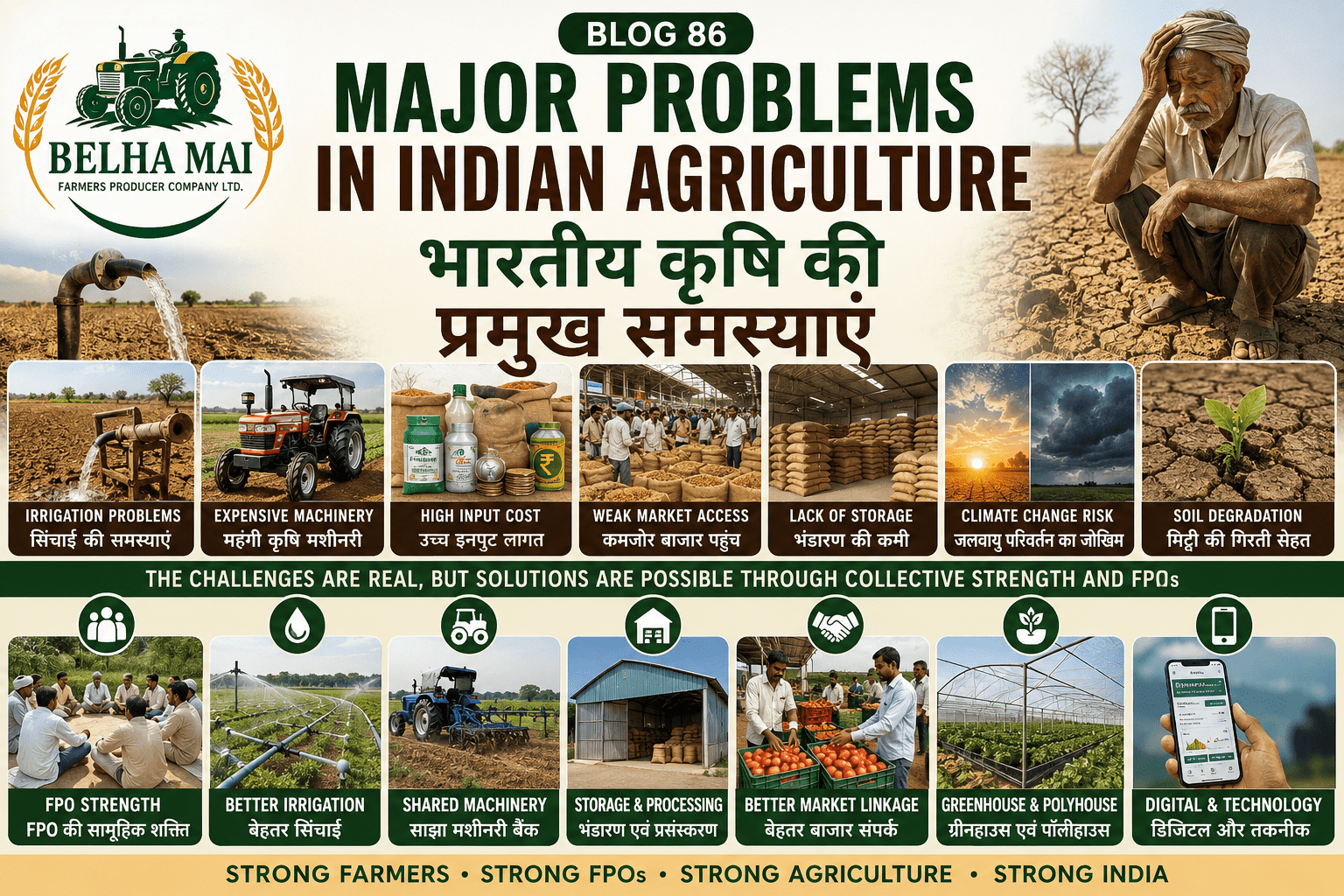 Major problems in Indian agriculture showing farmer challenges, irrigation issues, costly machinery, market problems and FPO solutions