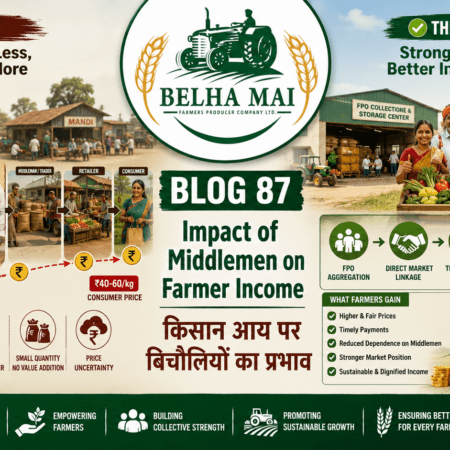 Impact of middlemen on farmer income showing low farm gate price, weak bargaining power and FPO market linkage solution