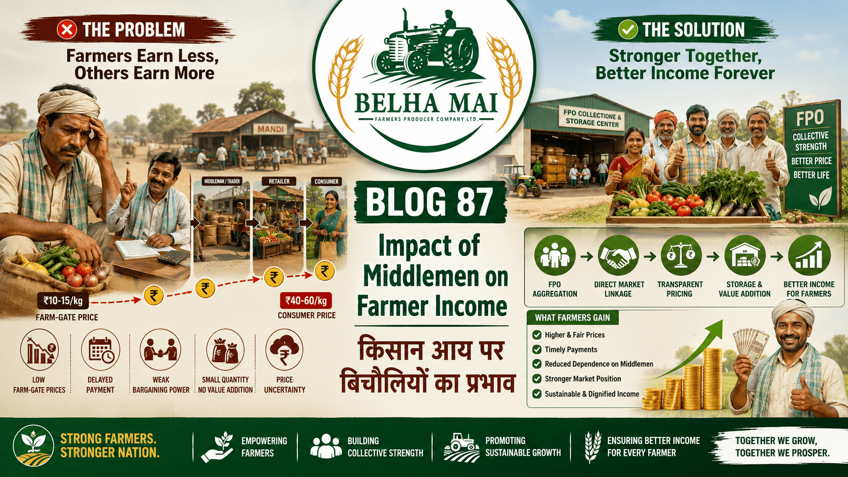 Impact of middlemen on farmer income showing low farm gate price, weak bargaining power and FPO market linkage solution