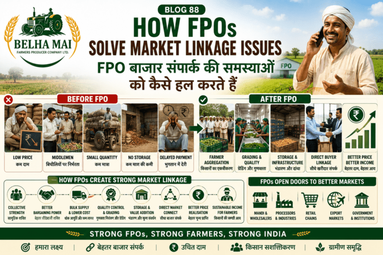 How FPOs solve market linkage issues through farmer aggregation, direct buyer connection, storage, grading and better prices