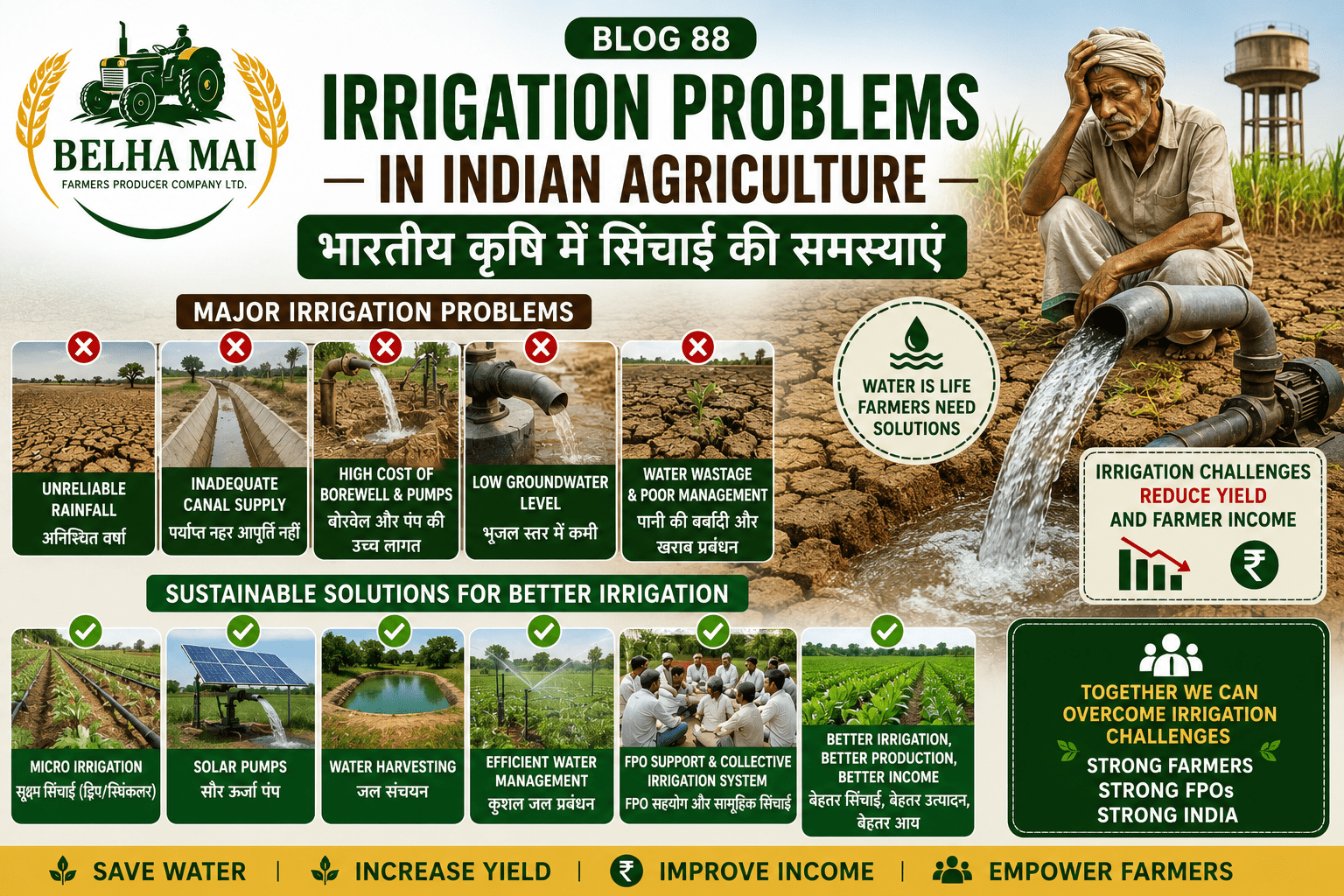 Irrigation problems in Indian agriculture showing water shortage, costly borewell, low groundwater and FPO irrigation solutions