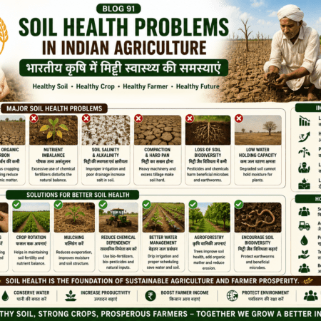 Soil degradation in India causes and solutions showing soil erosion, organic matter loss, nutrient imbalance, soil testing and FPO support