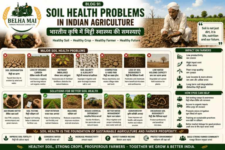 Soil degradation in India causes and solutions showing soil erosion, organic matter loss, nutrient imbalance, soil testing and FPO support