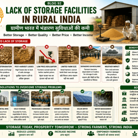 Lack of storage facilities in rural India showing farmer distress selling, post-harvest losses, poor storage and FPO warehouse solutions