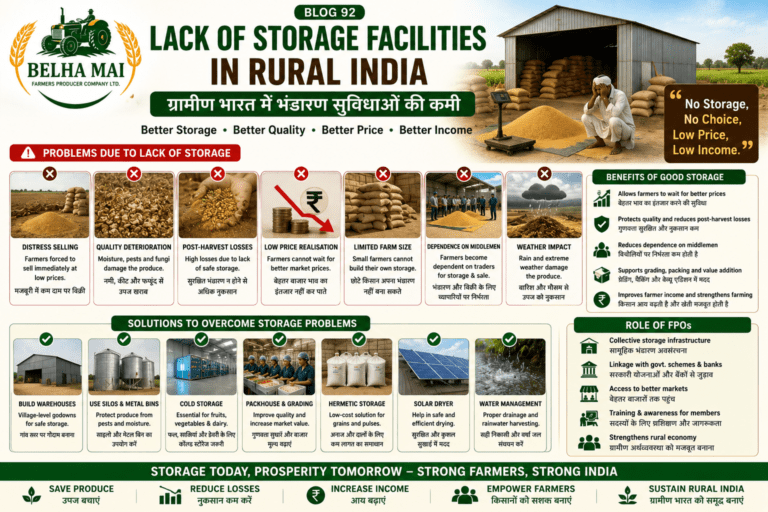 Lack of storage facilities in rural India showing farmer distress selling, post-harvest losses, poor storage and FPO warehouse solutions