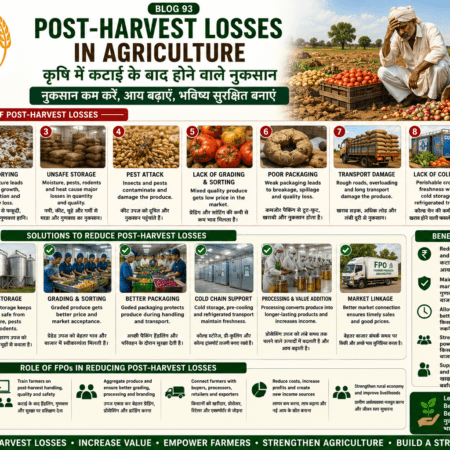 Post-harvest losses in agriculture showing crop damage, poor drying, unsafe storage, pest attack, transport damage and FPO solutions