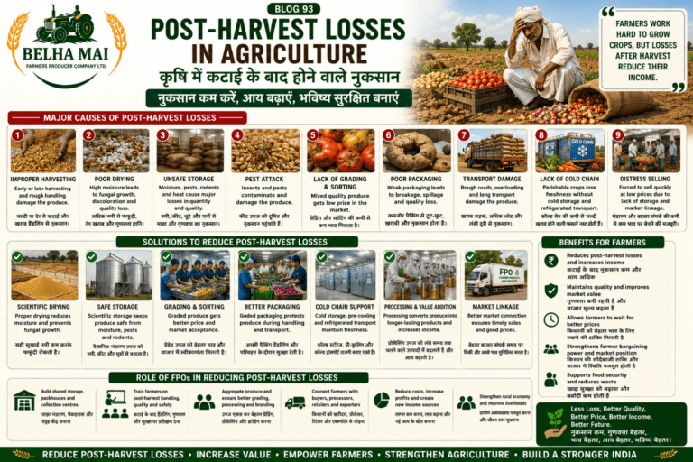 Post-harvest losses in agriculture showing crop damage, poor drying, unsafe storage, pest attack, transport damage and FPO solutions