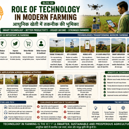Role of technology in modern farming showing drones, mobile apps, smart irrigation, sensors, farm machinery and FPO support