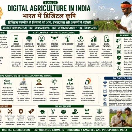 Digital agriculture in India showing mobile apps, weather advisory, soil testing, drones, smart irrigation, digital payments and FPO support