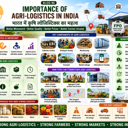 Importance of agri-logistics in India showing transport, storage, cold chain, packaging, market linkage and FPO support