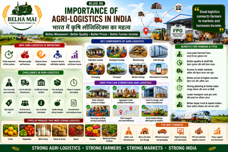 Importance of agri-logistics in India showing transport, storage, cold chain, packaging, market linkage and FPO support