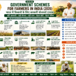 Government schemes for farmers in India 2026 showing PM Kisan, PMFBY, KCC, PMKSY, Soil Health Card, e-NAM and FPO support