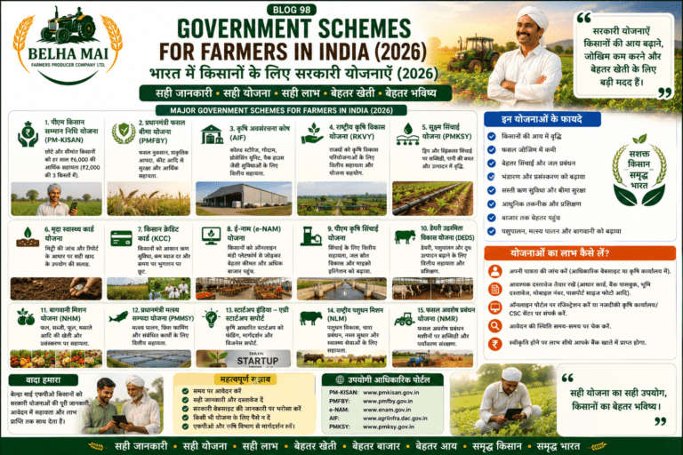 Government schemes for farmers in India 2026 showing PM Kisan, PMFBY, KCC, PMKSY, Soil Health Card, e-NAM and FPO support