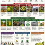 Challenges in amla farming and solutions infographic showing irrigation problems, pests, market issues, post-harvest losses, and modern farming solutions.