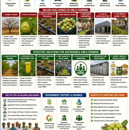 Challenges in amla farming and solutions infographic showing irrigation problems, pests, market issues, post-harvest losses, and modern farming solutions.
