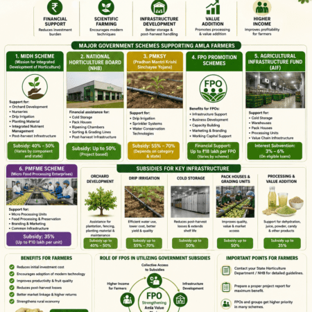 Government subsidies for amla farming infographic showing MIDH, NHB, drip irrigation, cold storage, pack houses, and FPO support.