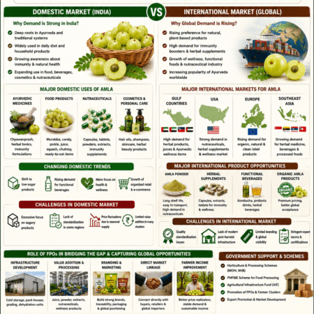 Amla demand in domestic vs international markets infographic showing exports, nutraceuticals, wellness products, processing, and global market opportunities.