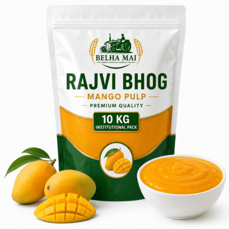 Rajvi Bhog Mango Pulp 10 kg institutional pouch with fresh mangoes