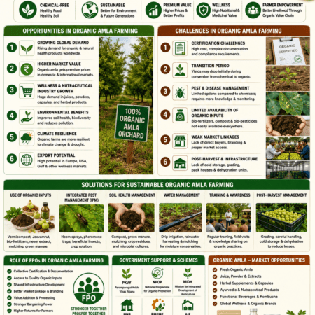 Organic amla farming opportunities and challenges infographic showing organic orchards, bio-inputs, certification, pest management, and FPO-led sustainable agriculture.