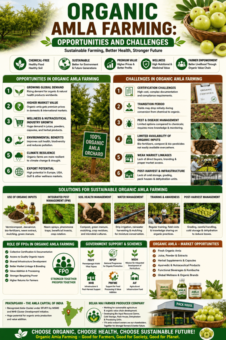 Organic amla farming opportunities and challenges infographic showing organic orchards, bio-inputs, certification, pest management, and FPO-led sustainable agriculture.