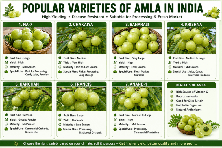 Infographic showing popular varieties of amla in India including NA-7, Chakaiya, Banarasi, Krishna, Kanchan, Francis, and Anand-1 with their fruit size, yield, and commercial uses.