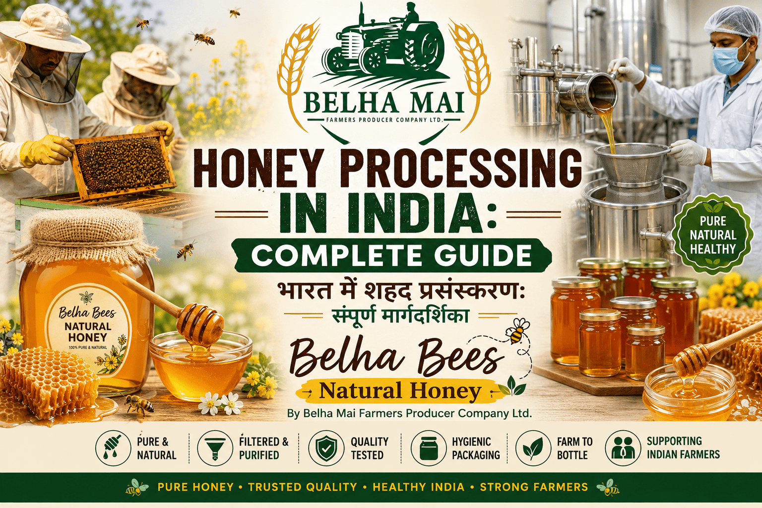 Honey processing in India complete guide featured image with Belha Bees Natural Honey and Belha Mai Farmers Producer Company Ltd. logo