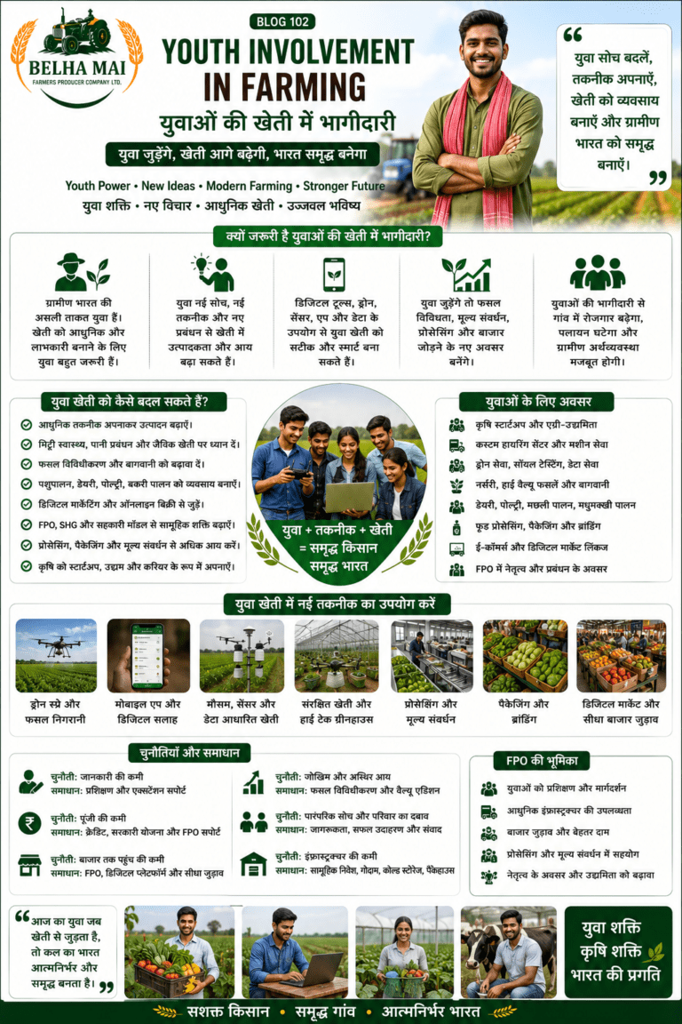 Youth involvement in farming showing young farmers using technology, drones, mobile apps, FPO support and modern agriculture