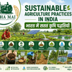 Sustainable agriculture practices in India showing crop rotation, drip irrigation, compost, soil testing, agroforestry, rainwater harvesting and FPO support